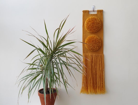 Small Narrow Mustard Yellow Woven Wall Hanging. Handwoven Boho