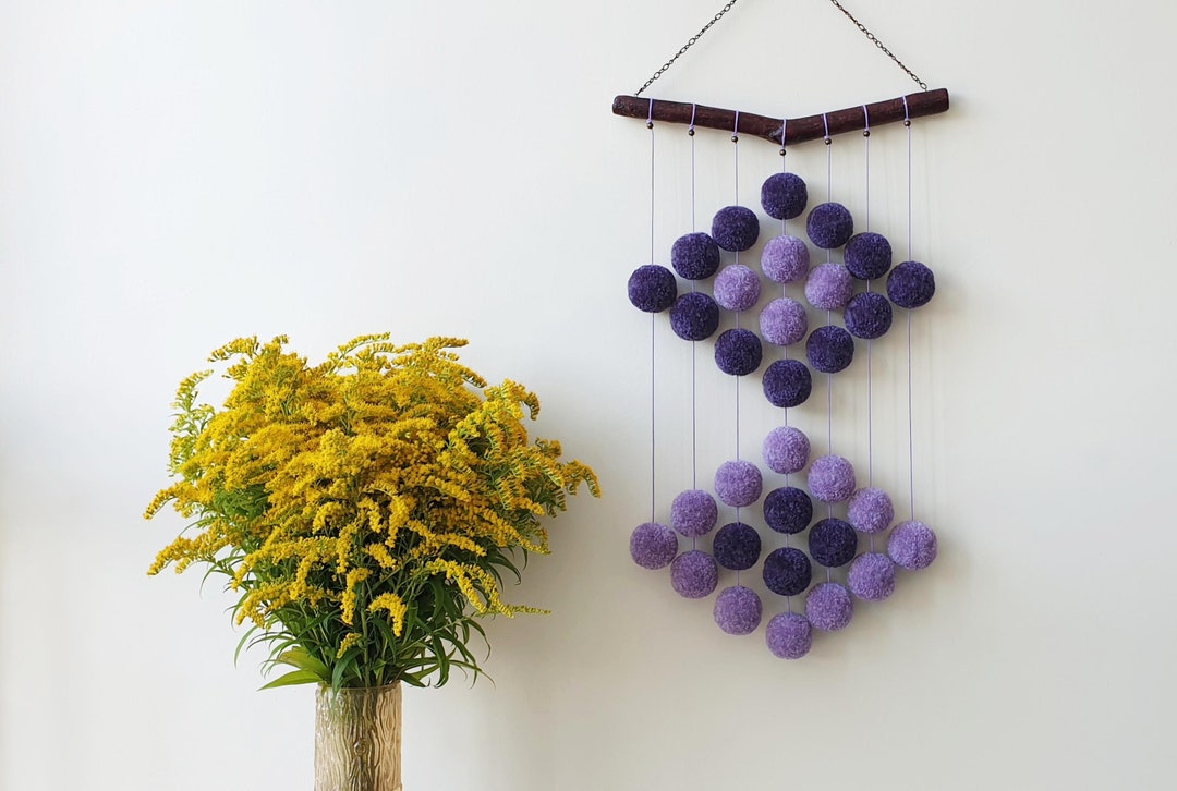 Pom Pom Wall Decor. Purple Pom Pom Wall Hanging. Modern Yarn Home Decor