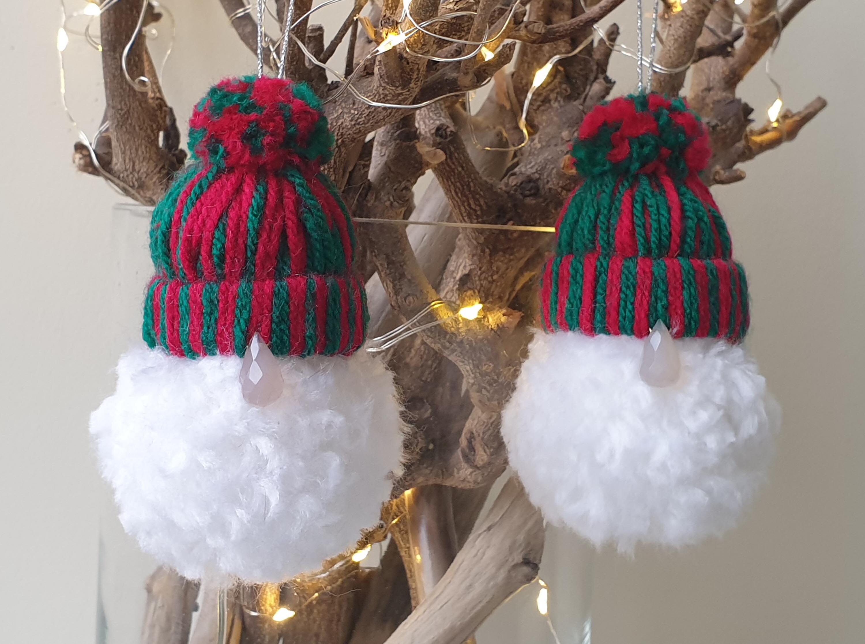 Set of 2 Yarn Pom Pom Gnomes. Christmas Gnome Ornaments. Handmade Yarn