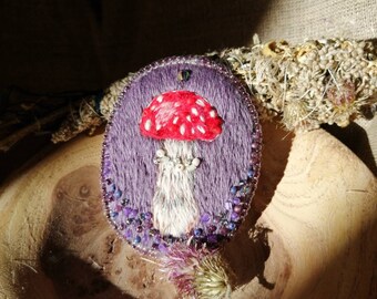 Magic Mushroom Hand Embroidered Brooches  Witchy Halloween Jewellery