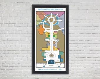 12"x24" WDW Main Street, Disney World, Magic Kingdom, Main Street U.S.A., Map, Retro, Vintage, Wall Art, Disney Fan Art, 50 Yrs of History