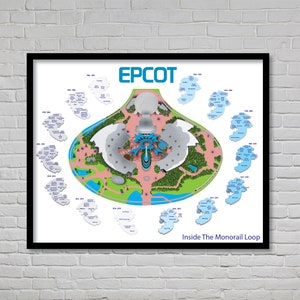 May include: A white and blue map of Epcot, a theme park at Walt Disney World Resort. The map shows the layout of the park, including the World Showcase Lagoon, Future World, and the monorail loop. The text "Inside The Monorail Loop" is at the bottom of the map.