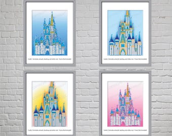 8"x10" Walt Disney World (WDW) Cinderella Castle Artwork features 4 Versions (11"x14" with Mat), Free Shipping, Made in USA Illustrations!