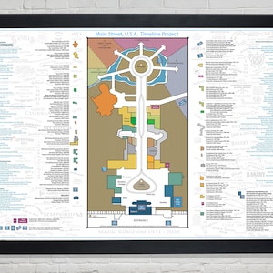 May include: A timeline map of Main Street U.S.A. at the Magic Kingdom in Walt Disney World. The map shows the different shops and restaurants on Main Street, as well as the timeline of their construction and renovation. The map is in a brown, blue, and green color scheme.