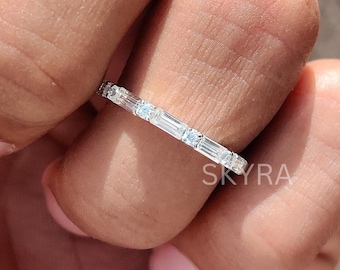 0.73 TCW Baguette And Round Cut Moissanite Wedding Band, 14K Solid Gold Half Eternity Band, Stackable Band, Matching Band, Minimalist Band