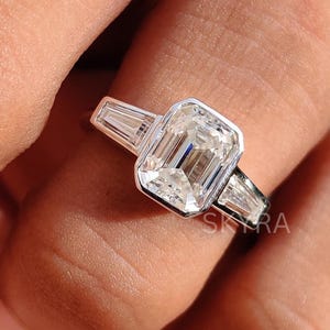 1.75 CT Emerald Cut Moissanite Engagement Ring, 14K Solid White Gold Ring, Three Stone Ring, Trilogy Ring, Bezel Set Ring, Wedding Ring