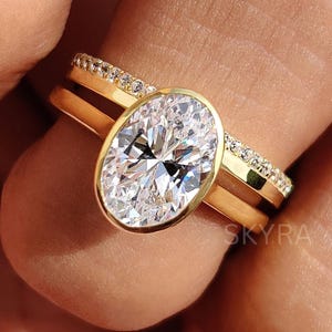 2.18 CT Oval Cut Moissanite Engagement Ring Set, 14K Solid Gold Ring Set, Bezel Set Ring With Pave Set Band, Wedding Ring Set, Gift For Her
