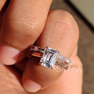 1.75 CT Emerald Cut Moissanite Engagement Ring Set, 14K Solid Gold Ring Set, Wedding Ring Set, Bridal Ring Set, Stacking Ring Set For Her
