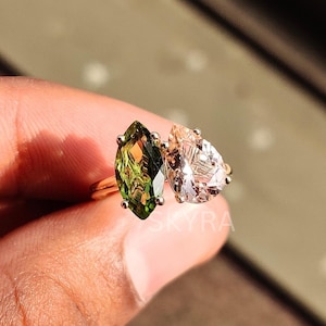Toi Et Moi Ring, Marquise und Pear Cut Verlobungsring, 14K Gelbgold massiv, Zwei-Stein-Ring, Geschenk für Sie