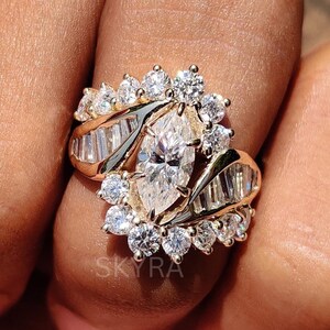 1 CT Marquise Cut Moissanite Engagement Ring, 14K Solid Yellow Gold Ring, Art Deco Ring, Bridal Ring, Wedding Ring, Unique Ring Gift For Her