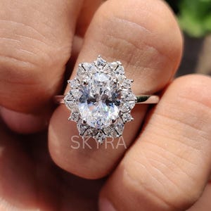 2 CT Oval Cut Moissanite Halo Engagement Ring, 14K Solid Gold Ring, Starburst Ring, Bridal Ring, Wedding Ring, Anniversary Gift For Her