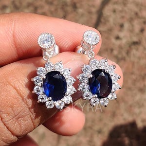 Royal Replica/Celebrity Earrings, Kate Middleton Earrings, Sapphire Blue Cubic Zircon Princess Diana Earrings, 3.76 CT Oval Cut Earrings