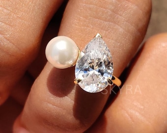 Bague de fiançailles poire 3 carats et perle, bague en or massif 14 carats, bague tendance, bague perle latérale, bague de promesse, bague de proposition, cadeau d'anniversaire