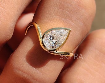 Anillo de compromiso de moissanita talla pera de 1,5 quilates, anillo de oro macizo de 14 quilates, anillo solitario, anillo con banda curva, anillo apilable, anillo de propuesta de matrimonio para ella.