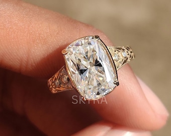Anello allungato con moissanite taglio cuscino, anello di fidanzamento replica T Swift, anello in oro massiccio 14 carati, anello vintage con filigrana a vite incisa per lei