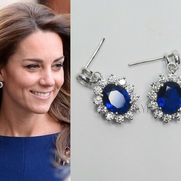 Royal Replica/Celebrity Earring, Kate Middleton Earrings, Sapphire Blue Cubic Zircon Earring, Flower Drop Silver, Princess Diana Earrings