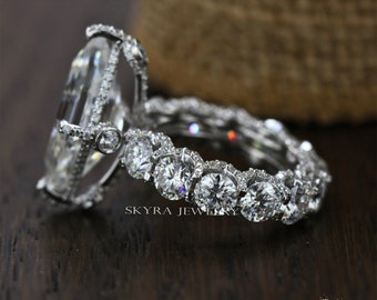 Anillo de boda único, anillo de compromiso moissanita de corte de pastilla antigua, anillo de compromiso de diamantes, anillo de regalo de aniversario ella, anillo de aniversario