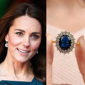 Prinzessin Diana Ring, Verlobungsring mit blauem, oval geschliffenem Saphir, Halo-Ring aus 14-karätigem Massivgold, Ehering, Verlobungsring, Jahrestagsgeschenk für Sie
