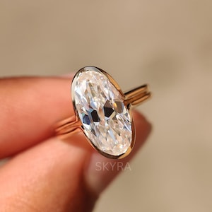Moval Cut Moissanite Engagement Ring, 14K Solid Gold Ring, Bezel Setting Ring, Solitaire Ring, Double Band Ring, Wedding Ring, Proposal Ring