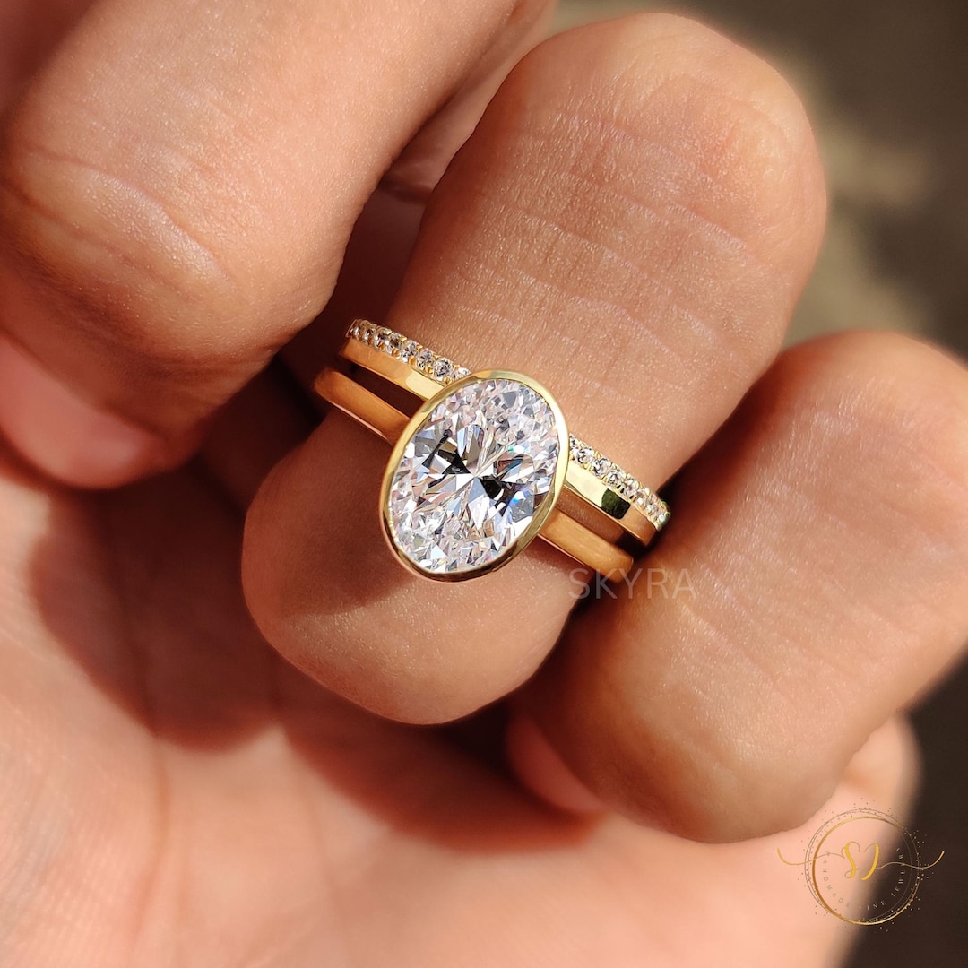 2.18 CT Oval Cut Moissanite Engagement Ring Set, 14K Solid Gold Ring ...