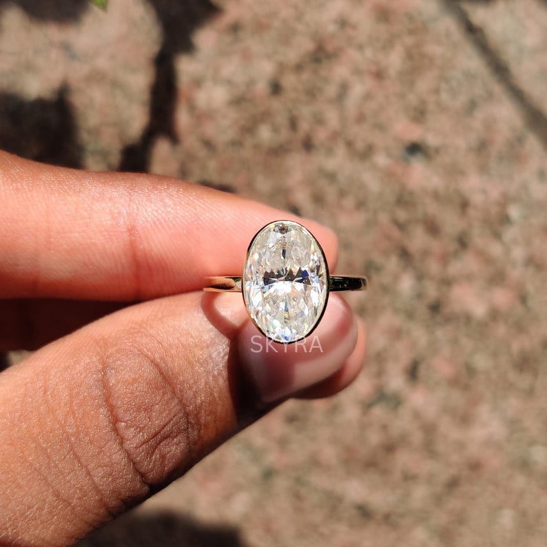 3 CT Oval Moissanite Engagement Ring, 14K Solid Gold Bezel Solitaire - Etsy