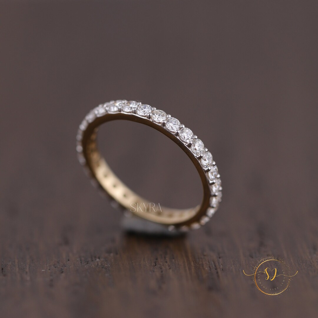 Round Cut Moissanite Wedding Band,14k Solid Gold Full Eternity Band ...