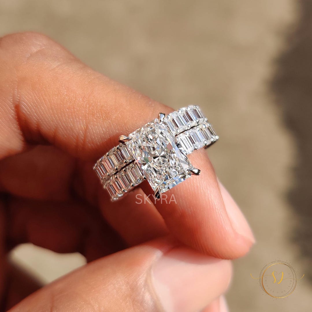 3.31 CT Radiant Cut Moissanite Engagement Ring Set, 14K Solid Gold Ring ...