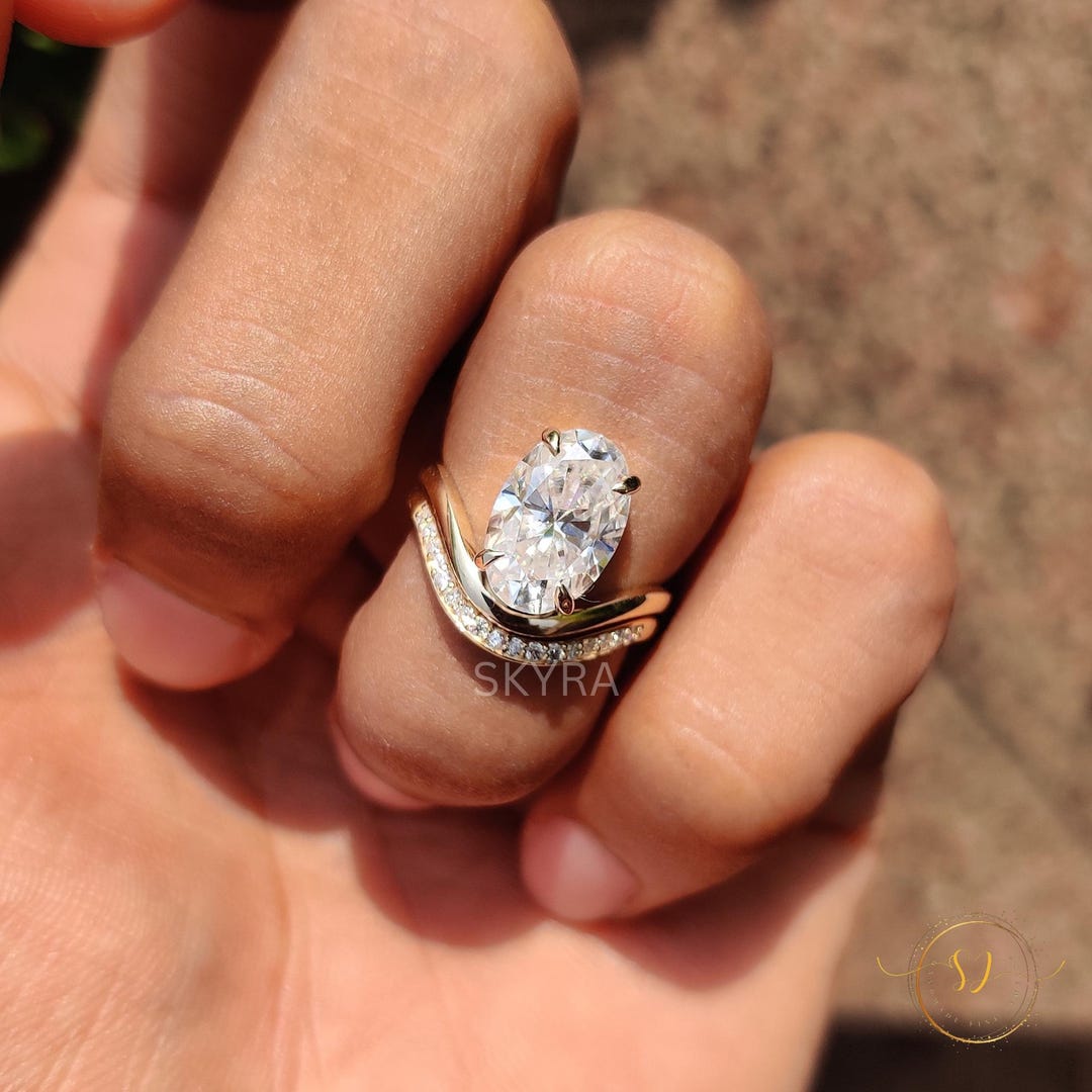 3 CT Oval Cut Moissanite Engagement Ring Set, 14K Solid Gold Ring Set ...