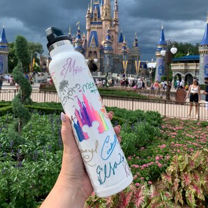 May include: White stainless steel water bottle with a colorful illustration of Cinderella's castle and Mickey Mouse. The bottle is covered in signatures and drawings. The bottle is in front of Cinderella's castle at Walt Disney World.