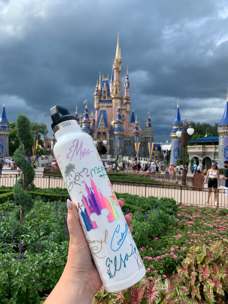 May include: White stainless steel water bottle with a colorful illustration of Cinderella's castle and Mickey Mouse. The bottle is covered in signatures and drawings. The bottle is in front of Cinderella's castle at Walt Disney World.