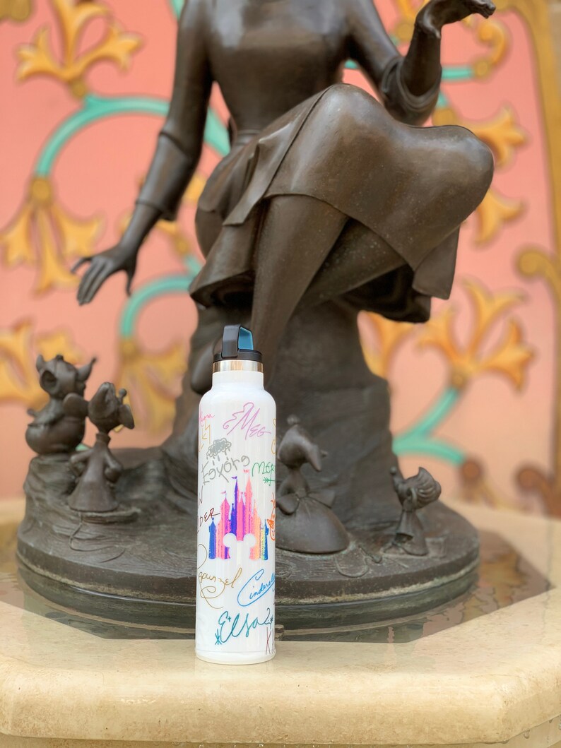 May include: White water bottle with a colorful illustration of Cinderella's castle and the Disney logo. The bottle is covered in colorful signatures and names, including "Cinderella", "Elsa", and "Ariel".