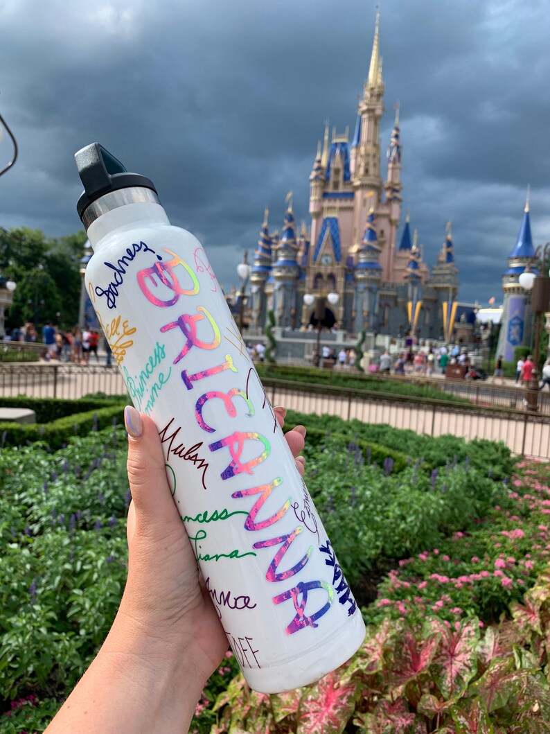 May include: A white water bottle with a rainbow iridescent design and the name "BRIARNA" written in colorful script. The bottle is being held in front of Cinderella's Castle at Walt Disney World.