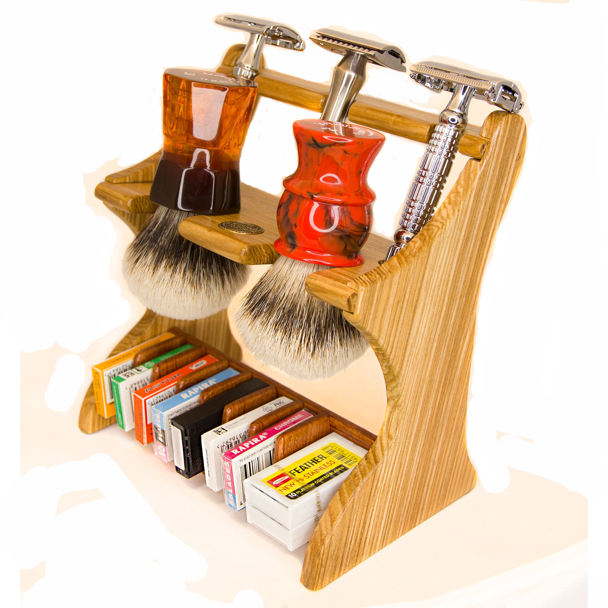 Safety razor shaving brush stand custom wood up to 3 slots Etsy