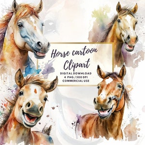 Horse Cartoon Clipart, Aquarelle, Horse Clipart, Cheval, Utilisation POD, Aquarelle numérique, Utilisation commerciale,