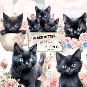 Black cat & flowers clipart, black kitten, kitten clipart, kitten png, cats png, black cat, digital download, junk journal, cats flowers