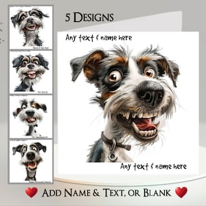 Carte chien : ajoutez votre texte + nom ~ 5 modèles au choix ~ message à l'intérieur ~ chien débraillé, chien drôle, chien mignon, chien qui rit, drôle, humoristique
