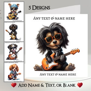 Rockin' Dog-kaart: tekst en naam toevoegen ~ bericht binnenin ~ hond, bas, gitaar, zessnarige gitaar, akoestische gitaar, rocker, muziek, instrument, rock