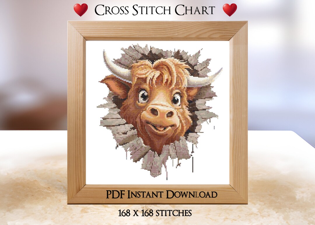 Highland Cow Counted Cross Stitch Chart Instant PDF Download. Coloured