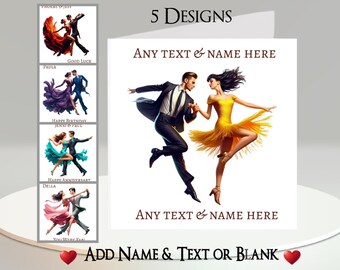May include: Greeting card with a dancing couple illustration. The card features the text "Any Text & Name Here" and "Add Name & Text or Blank". Additional designs show couples dancing with text such as "Good Luck" and "Happy Anniversary".