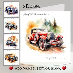 Biglietto d'auguri per auto d'epoca: aggiungi il tuo testo + nome ~ Messaggio interno ~ Personalizzato, auto, veicolo a motore, vecchio, retrò, antico, auto classica