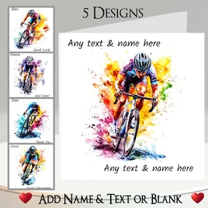 May include: Greeting card with a watercolor painting of a cyclist in action, with colorful paint splashes. The card has the text "Any text & name here" and "Add Name & Text or Blank". There are 5 designs.