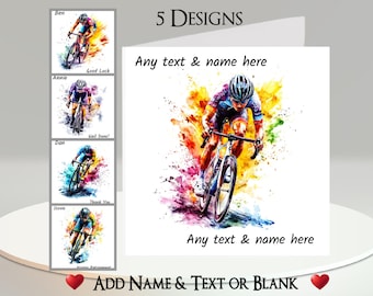 Fahrradkarte: Text und Name hinzufügen, Innennachricht, 5 Designs. Rennen, Radfahrer, Radfahren, Fahrrad, Regenbogen-Splash, Pedal, Hobby, Sport