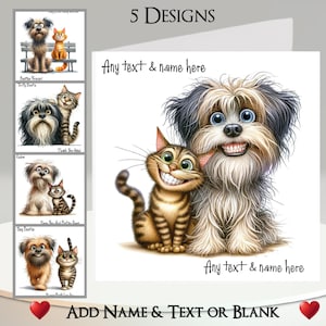 Carte chat et chien : ajoutez votre nom + texte, message à l'intérieur, 5 modèles, chat et chien originaux, fantaisiste, étranges meilleurs amis, animal de compagnie, drôle, humour