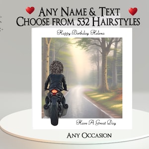 Tarjeta de motociclista femenina: agregue su mensaje, nombre, elija el cabello ~ Mensaje interior ~ Chica motociclista, Mujer motociclista, Motocicleta, Motocicleta, Bicicleta, Camino rural