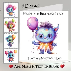 Carte monstre : ajoutez votre texte et votre nom ~ Message intérieur ~ Monstre mignon, fête, monstres, ballon, fête, monstre avec ballon