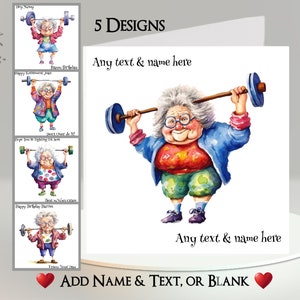 Tarjeta de gimnasio para ancianas: agregue su texto + nombre ~Mensaje interior~ Personalizada, anciana, mujer mayor, gimnasio, pesas, levantamiento de pesas, entrenamiento, deporte