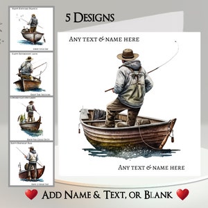 Viskaart: tekst + naam toevoegen ~ 5 ontwerpen om uit te kiezen ~ bericht binnen ~ vissen, boot, visser, meer, zee, oceaan, hengel, hobby