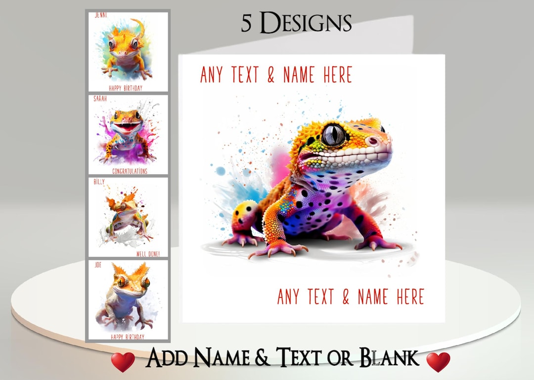 Message Gecko Gecko Card: Add Your Text + Name, Inside Message, or Blank. 5 Designs ...