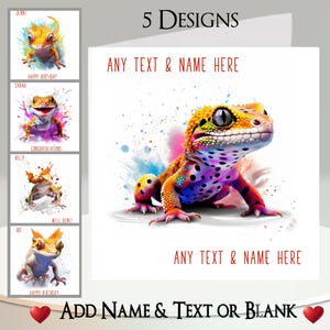 Può includere: Biglietto di auguri con un'illustrazione colorata di geco. La carta presenta il testo "ANY TEXT & NAME HERE" e "ADD NAME & TEXT OR BLANK". Ulteriori biglietti mostrano disegni di geco con testo come "HAPPY BIRTHDAY" e "CONGRATULATIONS".