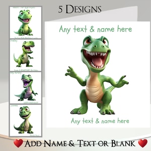 Carte dinosaure : ajoutez votre texte et votre nom, message à l'intérieur, 5 motifs, mignons dinosaures, vert, T-Rex, préhistorique, jurassique, drôle, riant